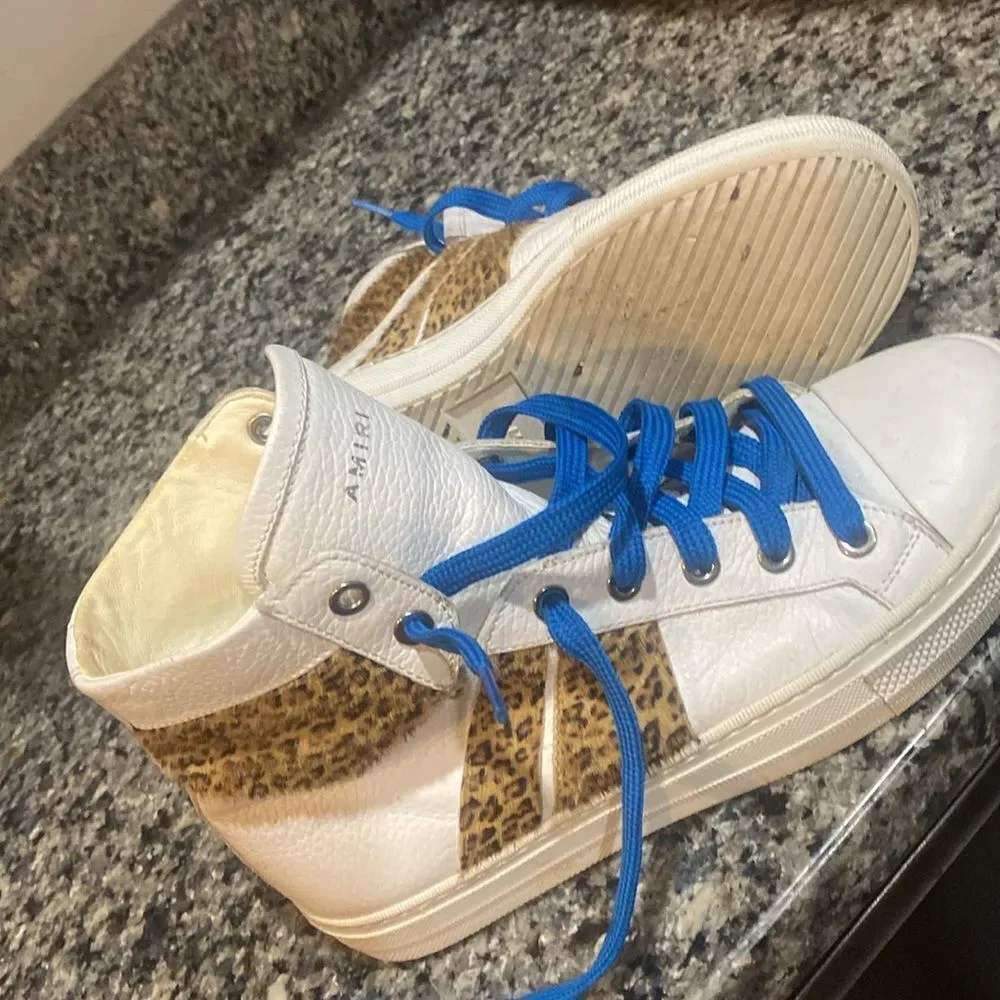 Amiri white brown leather leopard print sunset high top sneakers men sz 38